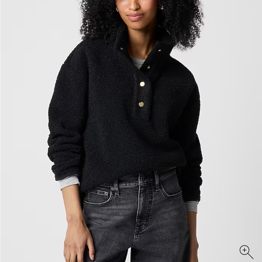 J Crew Sherpa Black Fleece Pullover with Gold Buttons